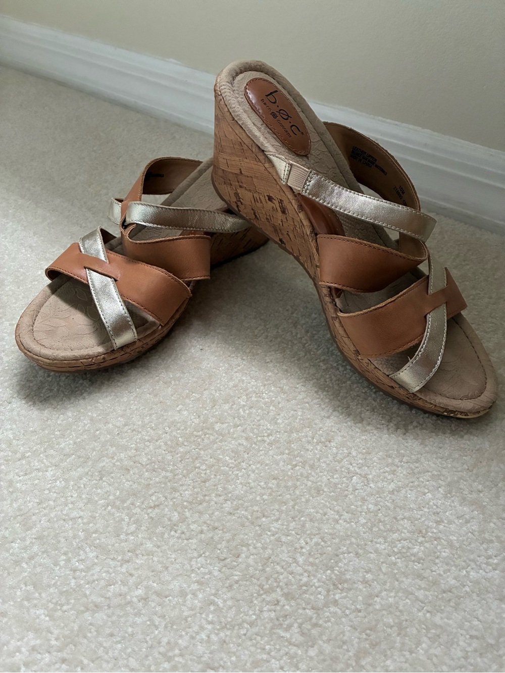b.o.c. Tan and Gold Crisscross Wedge Sandals